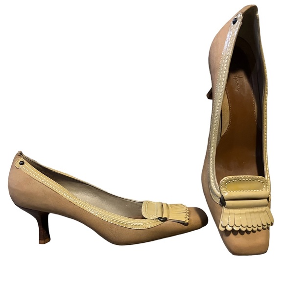 Cole Haan suede and patent leather tan kitten heels size 8.5 - Picture 1 of 9